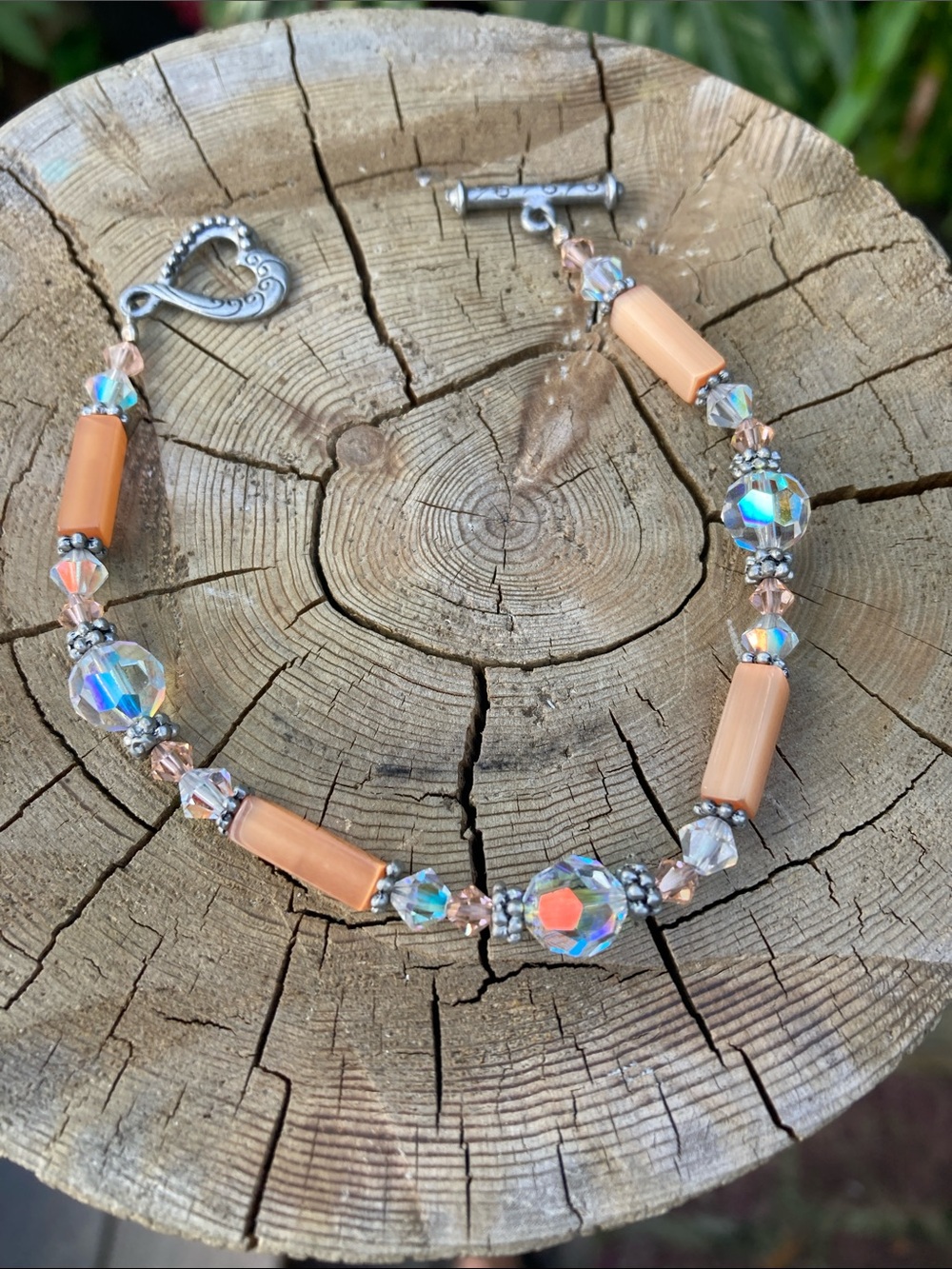 Handmade Peach Crystal Beaded Bracelet with Heart Toggle